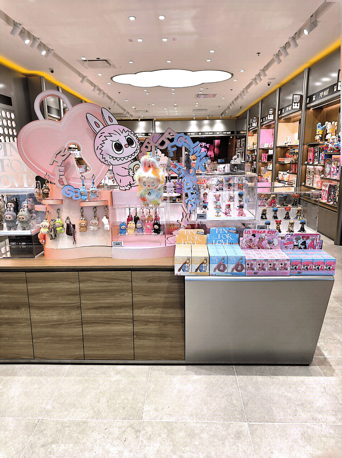 Pop Mart store display showing labubu characters