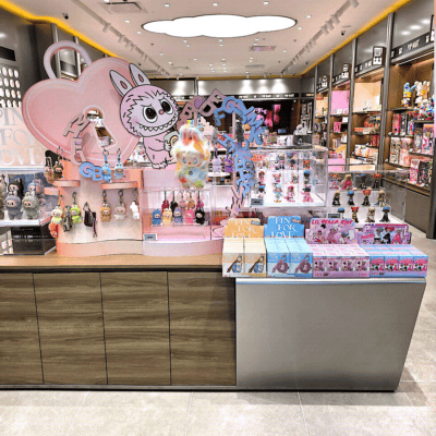 Pop Mart store display showing labubu characters