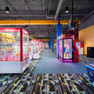 Large arcade and claw machines at Round1 Willowbrook