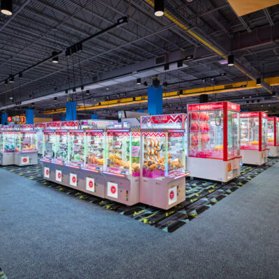 Large arcade and claw machines at Round1 Willowbrook