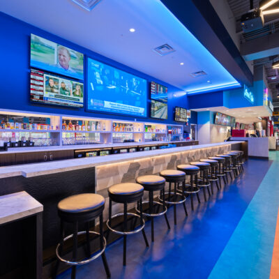 Bar chairs and TVs at the Round1 at Willowbrook