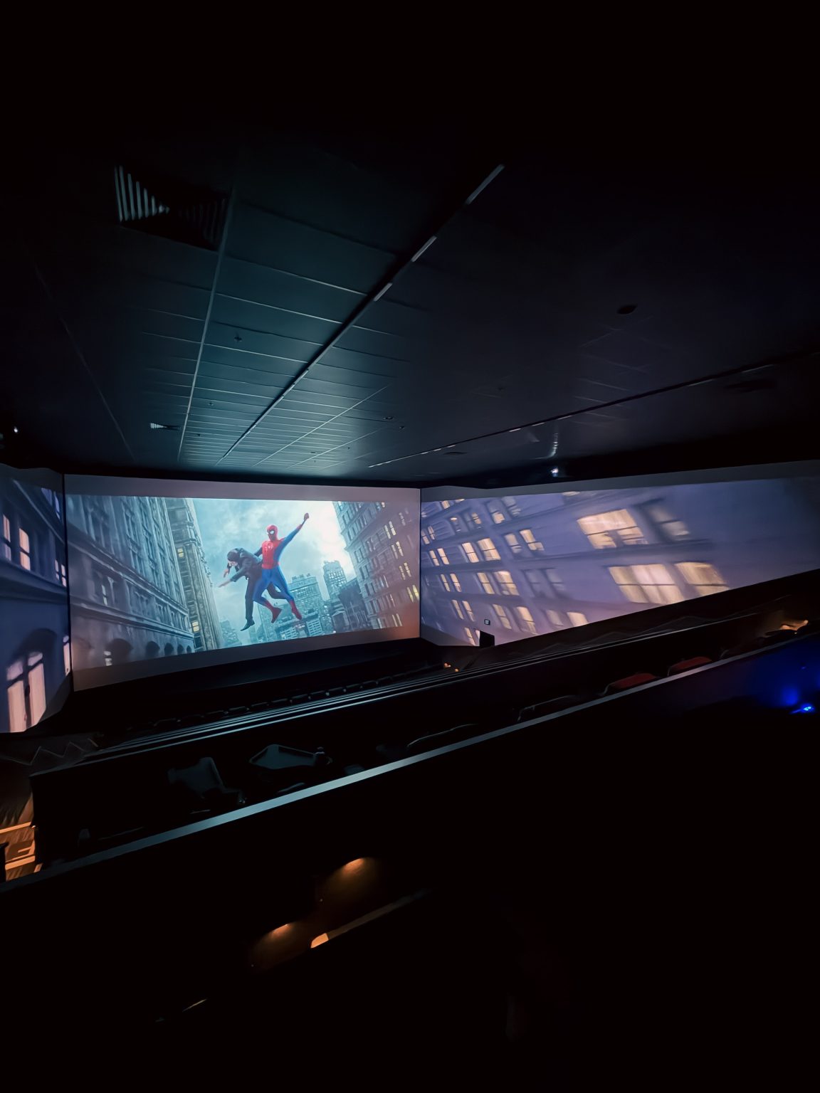 Cinemark Carson CA ScreenX panoramic view of Spiderman movie.